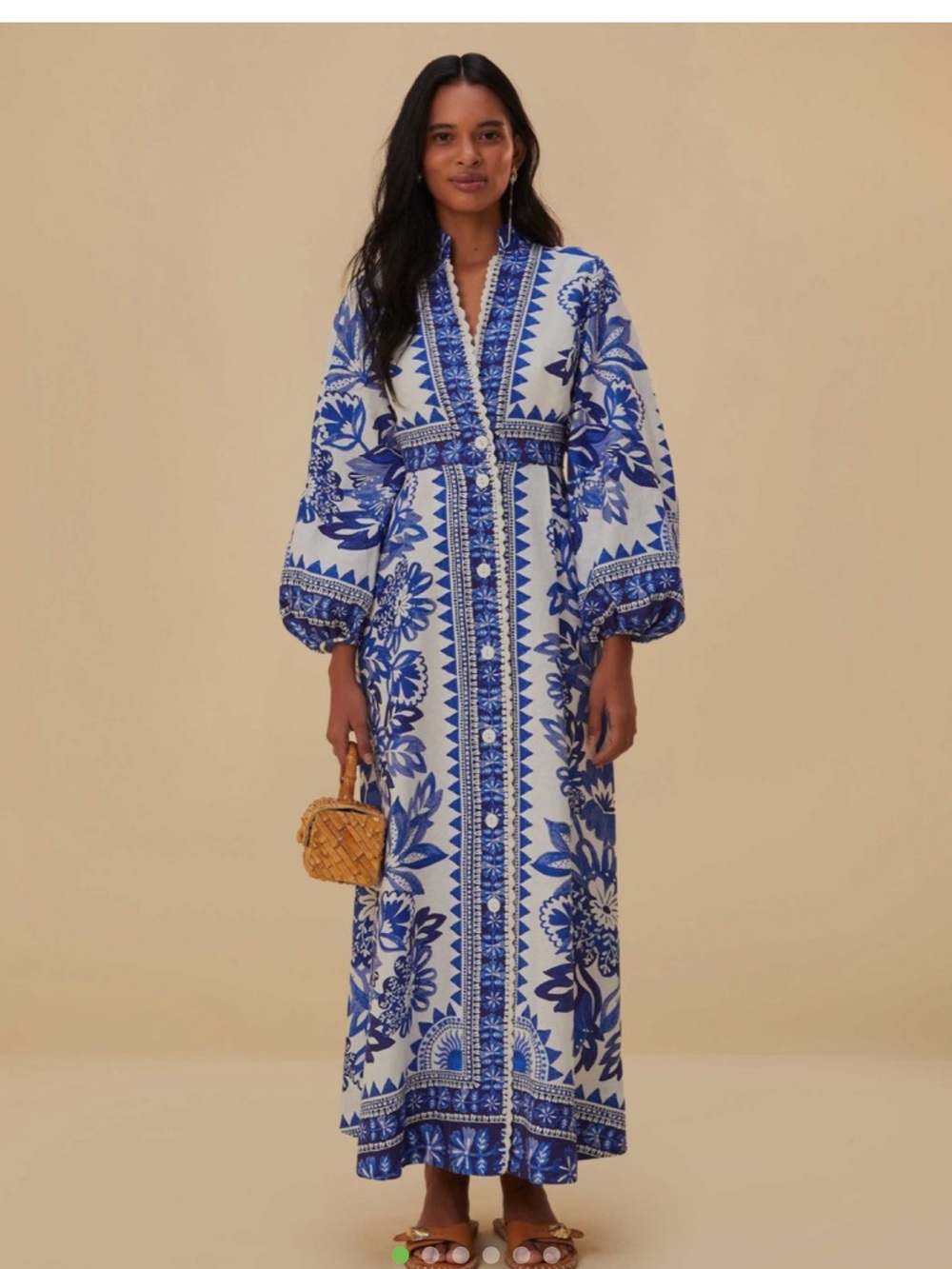 FARM Rio Blue and White Floral Button-Front Maxi Dress
